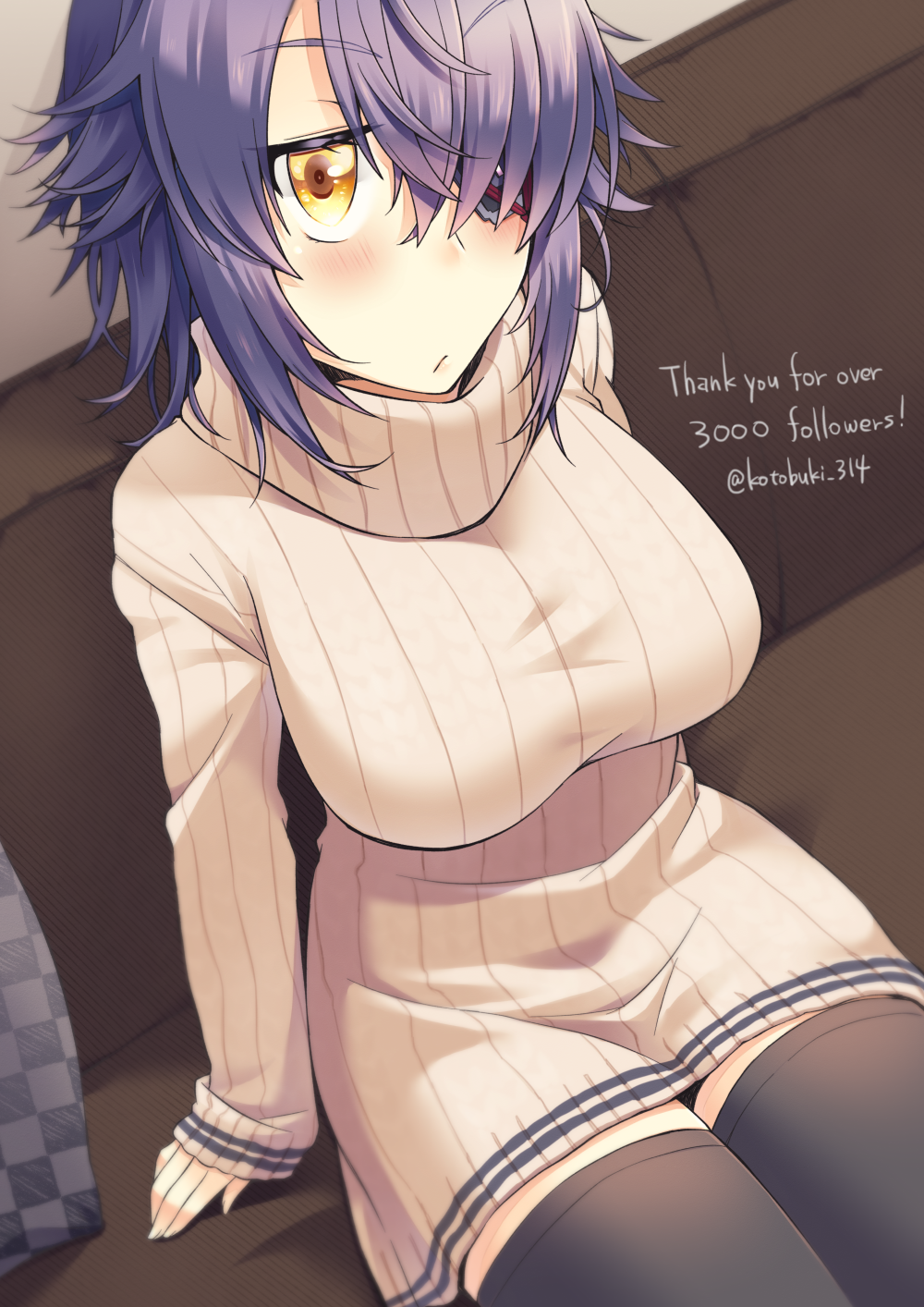 1girl arm_support artist_name blush breasts checkered checkered_pillow closed_mouth couch eyebrows_visible_through_hair eyepatch followers hair_over_one_eye highres kantai_collection kotobuki_(momoko_factory) large_breasts long_sleeves looking_at_viewer pillow purple_hair short_hair sitting sleeves_past_wrists solo sweater tenryuu_(kantai_collection) thigh-highs turtleneck turtleneck_sweater twitter_username yellow_eyes
