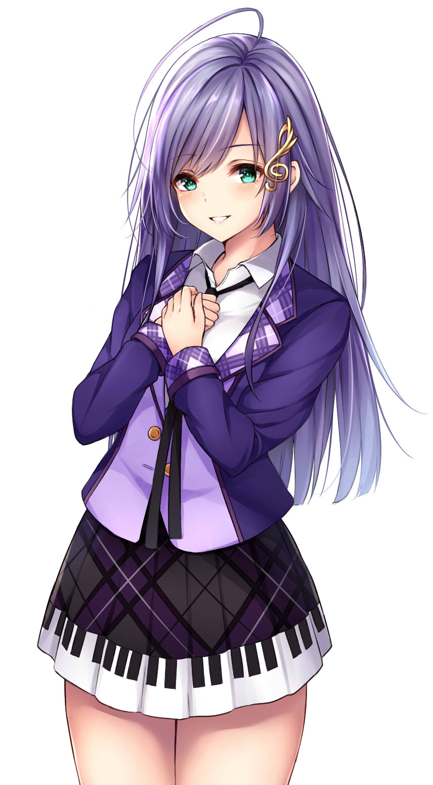 1girl ahoge black_skirt blazer blush collared_shirt commentary_request copyright_request cowboy_shot green_eyes hands_up highres jacket long_hair long_sleeves looking_at_viewer own_hands_together parted_lips piano_print plaid plaid_skirt pleated_skirt purple_hair purple_jacket school_uniform shirt simple_background skirt solo treble_clef_hair_ornament very_long_hair virtual_youtuber white_background white_shirt ym_(distance819)