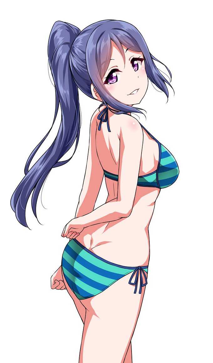 1girl arm_behind_back bangs bare_arms bare_legs bikini blue_hair blush breasts clenched_hands eyebrows_visible_through_hair high_ponytail long_hair looking_at_viewer looking_back love_live! love_live!_sunshine!! matsuura_kanan medium_breasts sidelocks simple_background smile solo solo_focus string_bikini striped striped_bikini swimsuit violet_eyes white_background yopparai_oni