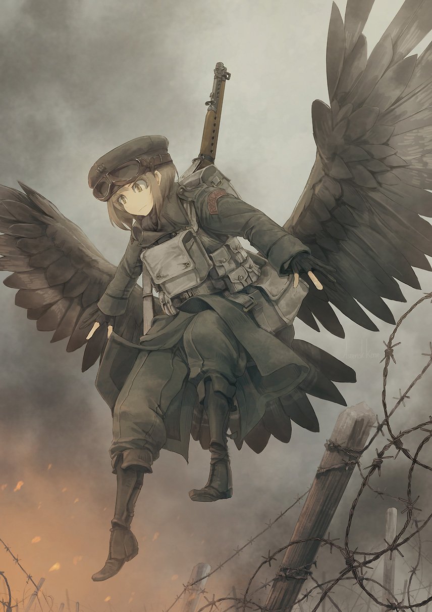 1girl asterisk_kome barbed_wire brown_wings flying goggles goggles_on_headwear gun highres low_wings military military_uniform shin_guards smoke tagme tail_feathers uniform weapon winged_fusiliers wings yellow_eyes
