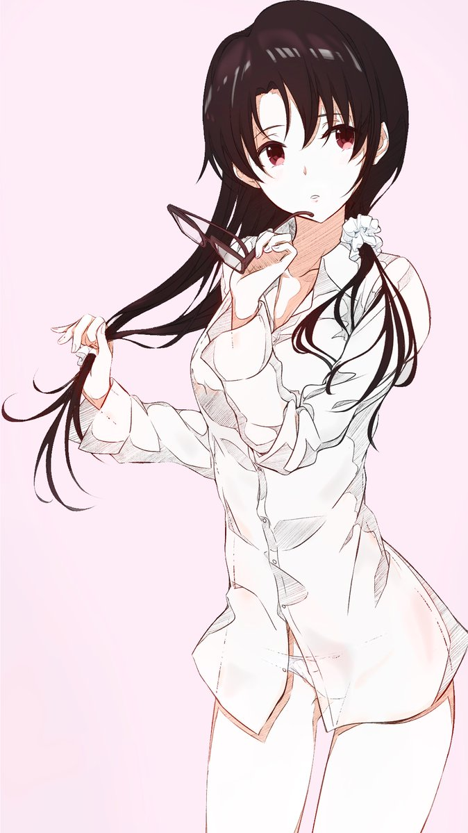 1girl black_hair brown-framed_eyewear character_request collarbone cowboy_shot daisu dress_shirt eyewear_removed hair_ornament holding holding_eyewear holding_hair idolmaster idolmaster_million_live! long_hair panties parted_lips pink_background red_eyes see-through_silhouette shirt simple_background solo standing underwear white_panties white_shirt