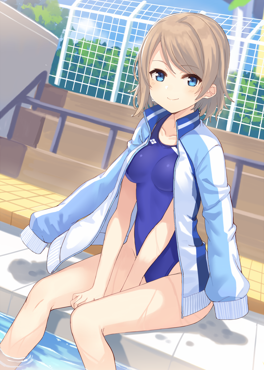 1girl bangs between_legs blue_eyes blue_jacket blue_sky blue_swimsuit blush breasts brown_hair closed_mouth clouds collarbone commentary_request competition_school_swimsuit day eyebrows_visible_through_hair hajime_kaname hand_between_legs highres jacket jacket_on_shoulders looking_at_viewer love_live! love_live!_sunshine!! medium_breasts one-piece_swimsuit outdoors pool poolside railing sitting sky smile soaking_feet solo stairs swimsuit watanabe_you water wet wet_hair