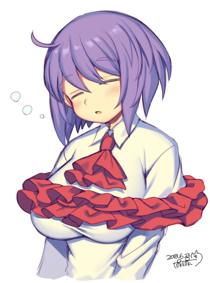 1girl ascot bangs blush breasts bubble closed_eyes commentary_request dated eyebrows_visible_through_hair frills hair_between_eyes head_tilt iroyopon large_breasts long_hair nagae_iku no_hat no_headwear purple_hair red_neckwear shirt short_hair signature simple_background sleeping solo touhou upper_body white_background white_shirt