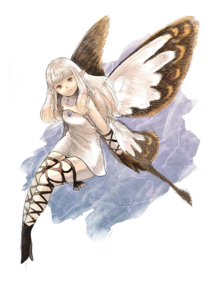 1girl aerie_(bravely_default) bare_shoulders black_gloves bravely_default:_flying_fairy bravely_default_(series) butterfly_wings dress fairy fairy_wings gloves grey_eyes long_hair ma-hain-scarlet pointy_ears short_dress sketch smile solo strapless strapless_dress thigh-highs thigh_strap white_dress white_hair wings