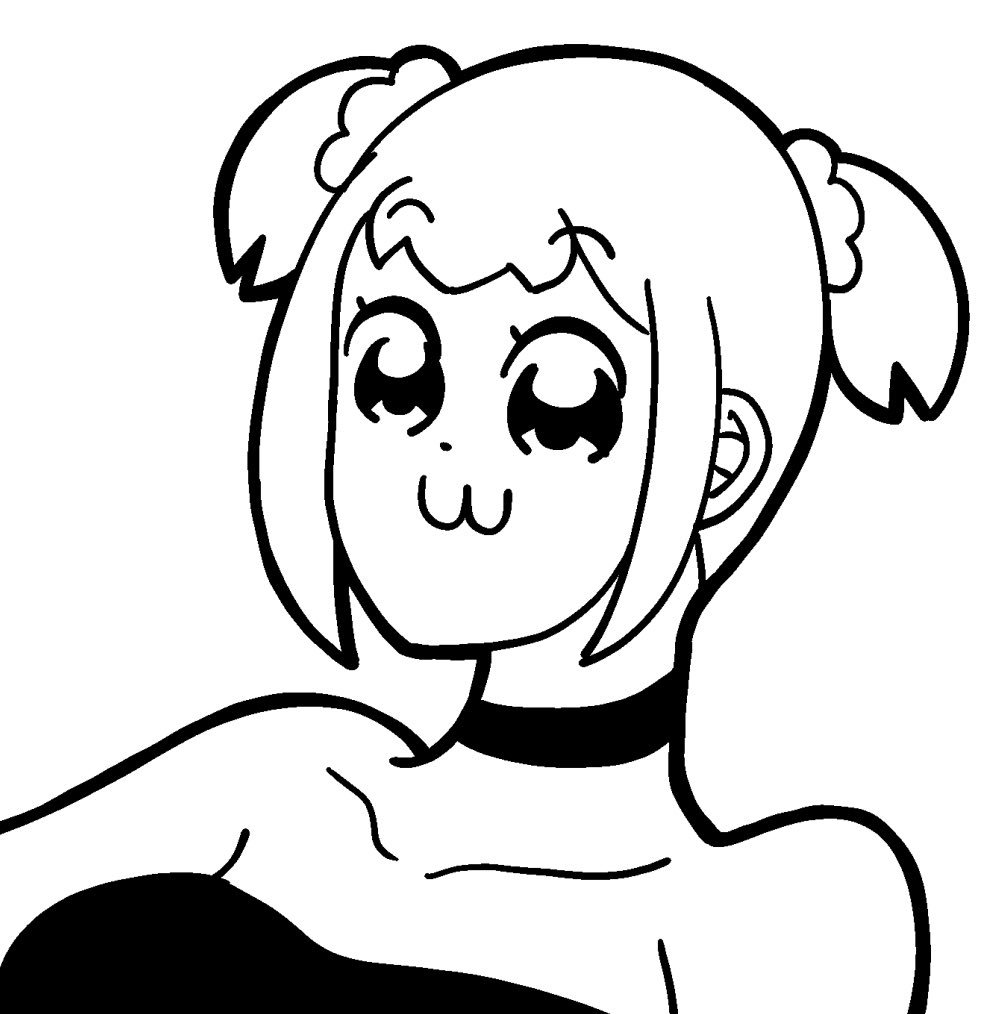 1girl :3 bangs bare_shoulders bkub choker collarbone commentary dress eyebrows_visible_through_hair greyscale hair_ornament hair_scrunchie lineart looking_at_viewer monochrome poptepipic popuko portrait scrunchie short_hair short_twintails sidelocks simple_background solo strapless strapless_dress twintails two_side_up upper_body white_background