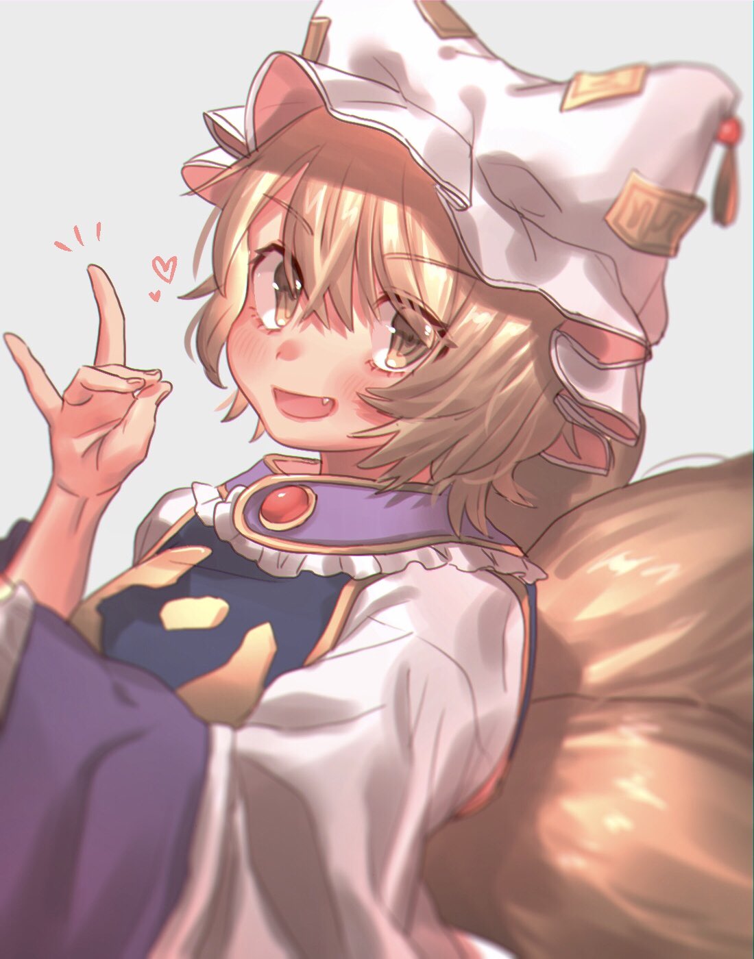 1girl :d blonde_hair blush breasts commentary_request dress fang fox_shadow_puppet fox_tail frilled_shirt_collar frills grey_background hand_up hat heart highres long_sleeves looking_at_viewer masanaga_(tsukasa) medium_breasts multiple_tails ofuda open_mouth pillow_hat simple_background smile solo tabard tail touhou upper_body white_dress white_hat wide_sleeves yakumo_ran yellow_eyes