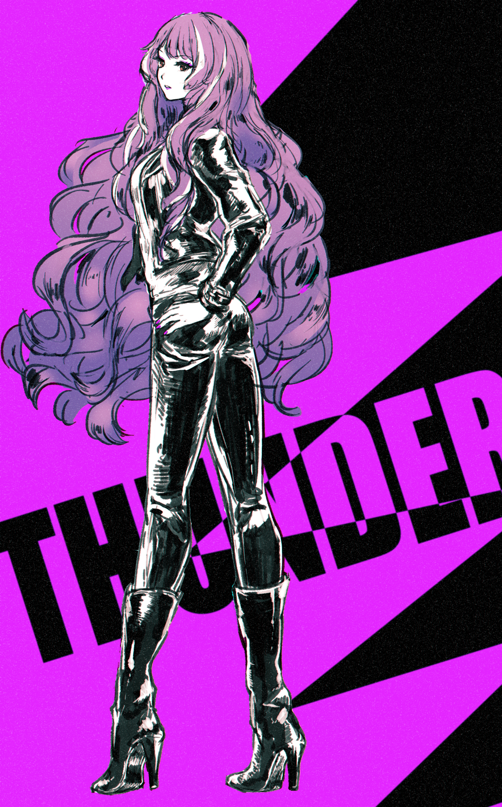 1girl black_footwear black_jacket black_pants boots floating_hair full_body hand_on_hip high_heel_boots high_heels highres jacket knee_boots limited_palette long_hair long_sleeves macross macross_delta mikumo_guynemer nail_polish open_clothes open_jacket pants parted_lips purple_background purple_hair red_nails shimatani_azu sketch solo standing very_long_hair violet_eyes