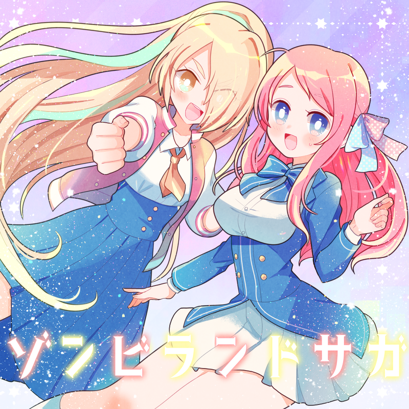 2girls ahoge blonde_hair blue_eyes bow breasts eyebrows_visible_through_hair eyes_visible_through_hair hair_ornament hair_over_one_eye i_am_koikeya jacket large_breasts letterman_jacket light_green_hair long_hair looking_at_viewer minamoto_sakura multicolored_hair multiple_girls nikaidou_saki open_mouth orange_hair polka_dot polka_dot_bow ponytail redhead school_uniform side_ponytail smile streaked_hair underbust yellow_eyes zombie_land_saga