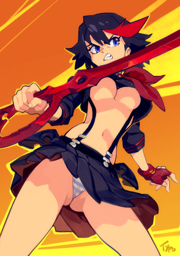 1girl artist_name bangs black_hair black_skirt blue_eyes breasts clenched_teeth commentary english_commentary fang gloves kill_la_kill legs_apart matoi_ryuuko medium_breasts multicolored_hair navel optionaltypo panties pleated_skirt red_gloves redhead scissor_blade senketsu short_hair simple_background single_glove skirt solo streaked_hair striped striped_panties suspender_skirt suspenders teeth two-tone_hair under_boob underwear wedgie