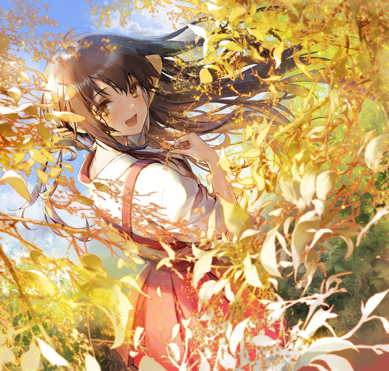 1girl 888myrrh888 :d bangs blue_sky branch brown_hair commentary_request dress hakama_skirt highres leaf long_hair looking_at_viewer looking_back open_mouth original red_dress shirt sky sleeves_rolled_up smile white_shirt yellow_eyes