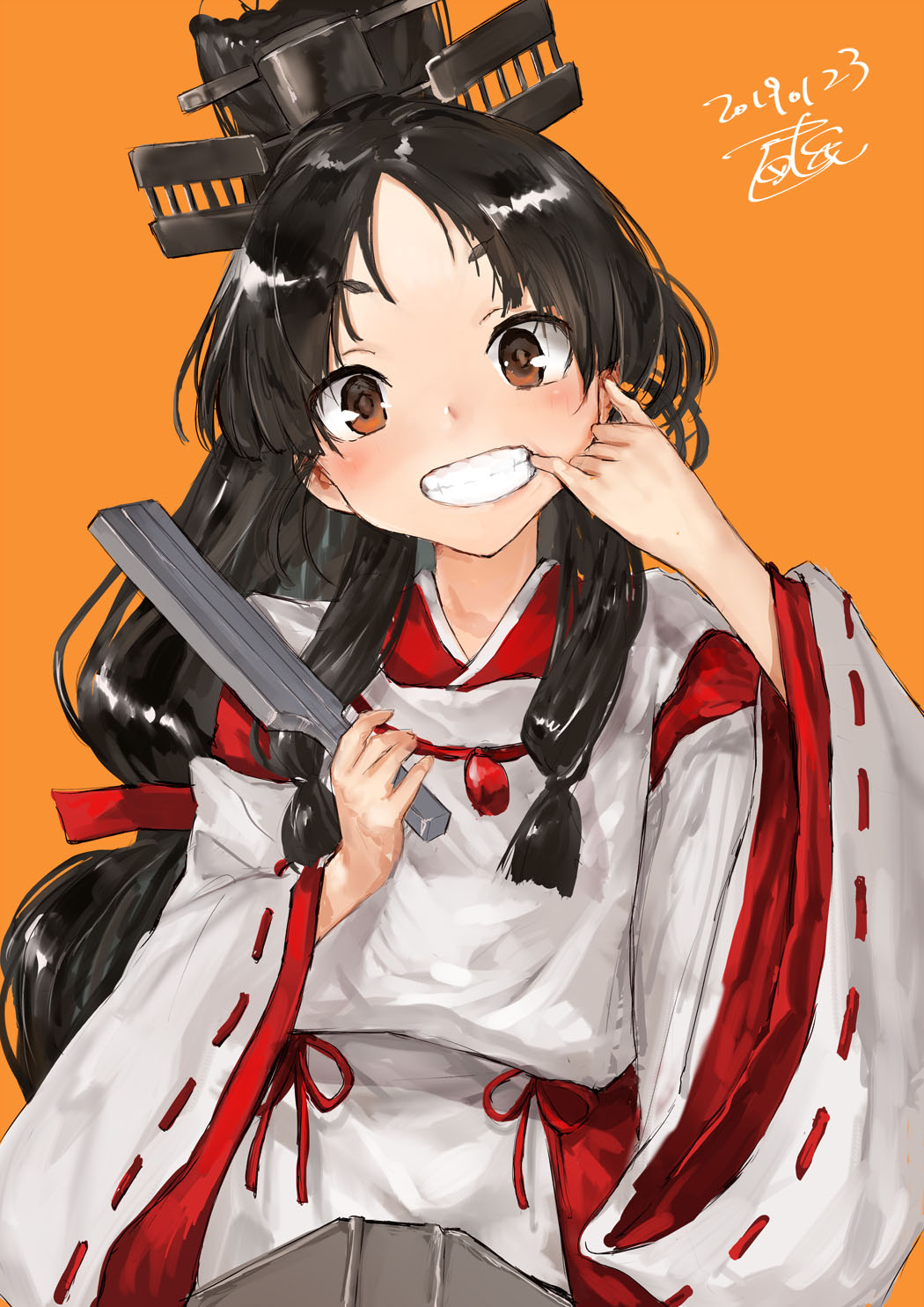 1girl bangs black_hair blush brown_eyes collarbone commentary_request eyebrows_visible_through_hair fan folding_fan hair_between_eyes hair_ornament hair_ribbon headgear high_ponytail highres japanese_clothes kantai_collection long_hair long_sleeves looking_at_viewer multi-tied_hair nisshin_(kantai_collection) open_mouth ribbon ribbon-trimmed_sleeves ribbon_trim short_eyebrows simple_background smile solo standing teeth thick_eyebrows toka_(marchlizard) wide_sleeves