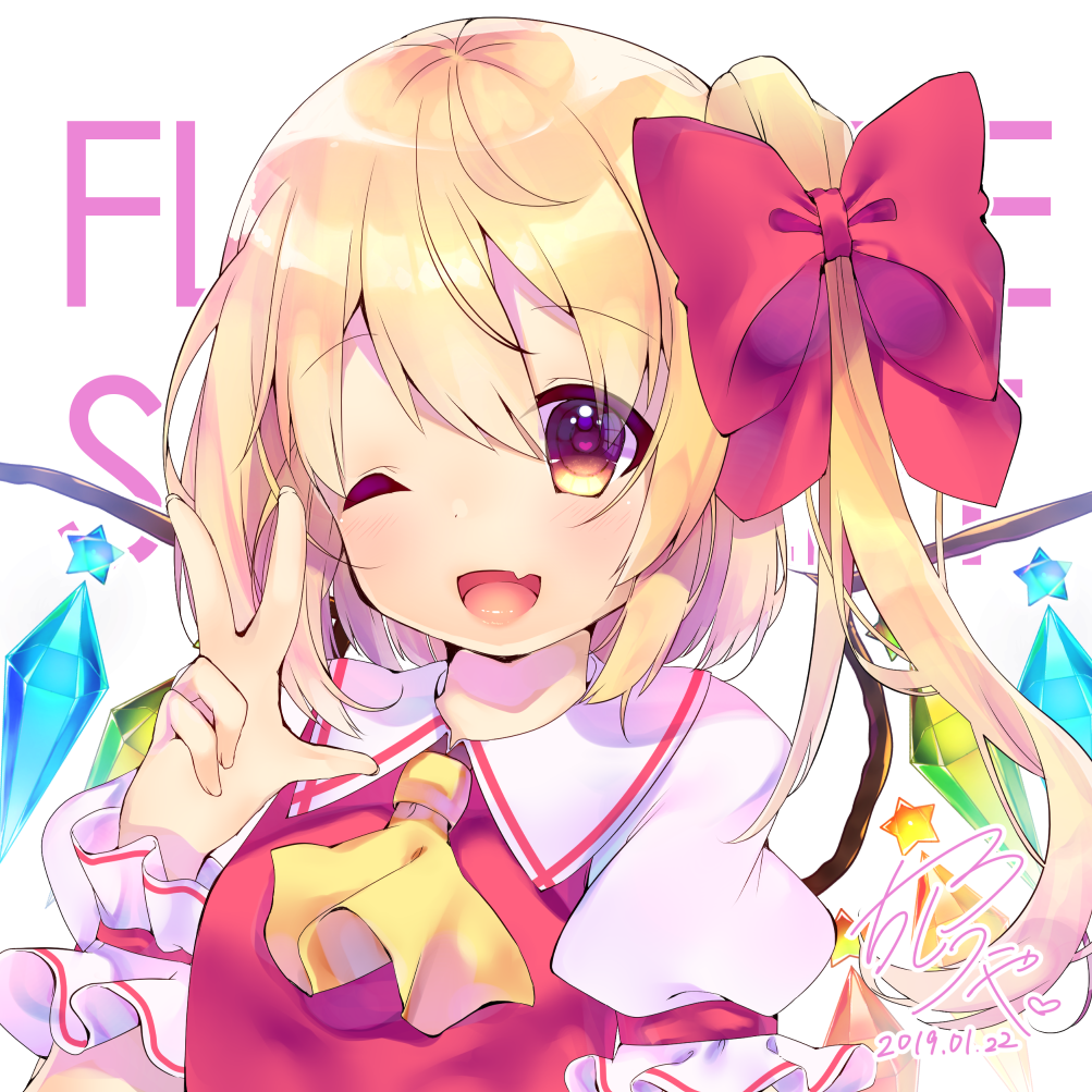 1girl 2019 ;d ascot blonde_hair bow crystal dated eyebrows_visible_through_hair flandre_scarlet hair_bow heart heart-shaped_pupils long_hair looking_at_viewer no_hat no_headwear one_eye_closed open_mouth puffy_short_sleeves puffy_sleeves red_bow red_eyes short_sleeves side_ponytail signature smile solo symbol-shaped_pupils touhou unya_(coco121955) upper_body v wings wrist_cuffs yellow_neckwear