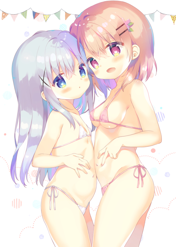 2girls :d :o bangs bare_arms bare_shoulders bikini blue_eyes blue_hair blush breasts cleavage collarbone commentary_request eyebrows_visible_through_hair flat_chest gochuumon_wa_usagi_desu_ka? hair_between_eyes hair_ornament hairclip head_tilt hoto_cocoa kafuu_chino light_brown_hair long_hair medium_breasts multiple_girls navel open_mouth parted_lips pennant pink_bikini red_eyes side-tie_bikini smile string_of_flags swimsuit very_long_hair white_background white_bikini yuizaki_kazuya