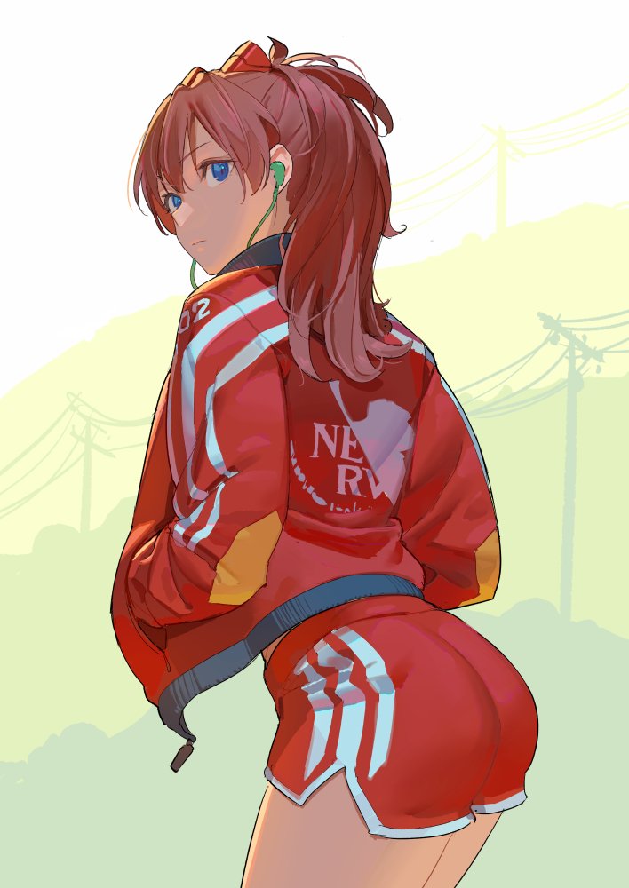 1girl alternate_costume ass blue_eyes closed_mouth commentary earphones english_commentary from_behind gym_shorts hands_in_pockets jacket long_hair looking_back neon_genesis_evangelion orange_hair red_jacket red_shorts short_shorts shorts souryuu_asuka_langley telephone_pole thighs tim_loechner wire