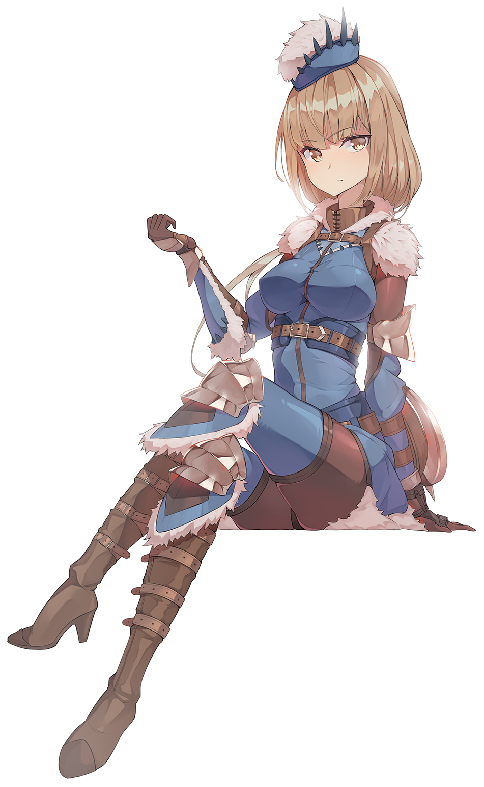 1girl armor bangs blue_hat blue_legwear blue_shirt boots breasts brown_bodysuit brown_eyes brown_footwear brown_gloves brown_hair elbow_pads eyebrows_visible_through_hair full_body gloves hat highres invisible_chair knee_pads legs_crossed looking_at_viewer medium_breasts monster_hunter monster_hunter:_world shield shirt simple_background sitting solo tobi-kadachi_(armor) white_background xuan_(pixiv31113827)
