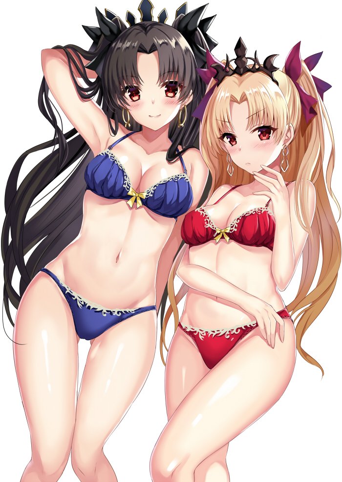 2girls arm_across_waist arm_behind_head bangs bare_shoulders black_hair blonde_hair blue_bra blue_panties blush bra breasts cleavage collarbone earrings ereshkigal_(fate/grand_order) eyebrows_visible_through_hair fate/grand_order fate_(series) hair_ribbon hand_up harimoji ishtar_(fate/grand_order) jewelry long_hair looking_at_viewer medium_breasts multiple_girls navel panties parted_bangs red_bra red_eyes red_panties ribbon ribbon-trimmed_bra shiny shiny_skin sidelocks simple_background smile stomach thighs tiara two_side_up underwear white_background