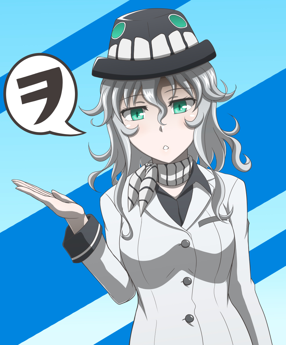 1girl :o alternate_costume alternate_headwear black_undershirt blue_eyes breasts commentary_request eyebrows_visible_through_hair formal hair_between_eyes hand_up hat highres kantai_collection light_blush medium_breasts medium_hair noburockman pale_skin scarf silver_hair solo speech_bubble striped striped_background suit white_suit wo-class_aircraft_carrier