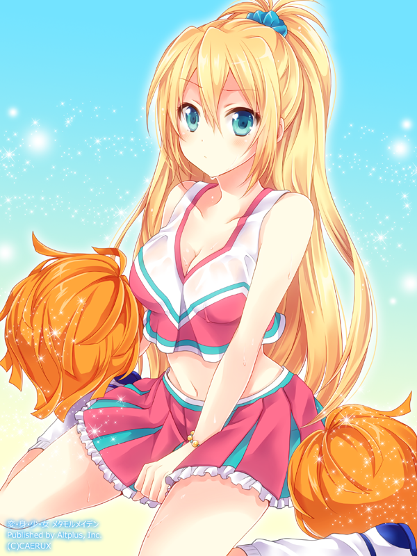 1girl between_legs blonde_hair blue_eyes blue_scrunchie bracelet breasts cheerleader cleavage collarbone eyebrows_visible_through_hair frilled_skirt frills hair_between_eyes hair_ornament hair_scrunchie hand_between_legs hen-shin-shou-jo_metamol_maiden jewelry kubyou_azami long_hair medium_breasts midriff miniskirt navel pink_skirt pleated_skirt pom_poms scrunchie shiny shiny_hair skirt sleeveless solo stomach sweat very_long_hair white_legwear