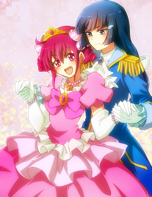 2girls :d ahoge akasata aoki_reika bangs blue_eyes blue_hair blue_jacket blunt_bangs blush bow bracelet circlet closed_mouth commentary crown dress dress_bow drill_hair earrings elbow_gloves epaulettes frilled_dress frills gem gloves hair_between_eyes hair_bow hair_ornament hand_holding hime_cut hoshizora_miyuki jacket jewelry long_hair long_jacket long_sleeves multiple_girls necklace open_mouth pearl_bracelet pearl_necklace pink_dress pink_eyes pink_hair precure puffy_short_sleeves puffy_sleeves short_hair short_sleeves smile smile_precure! twin_drills upper_body white_gloves yuri