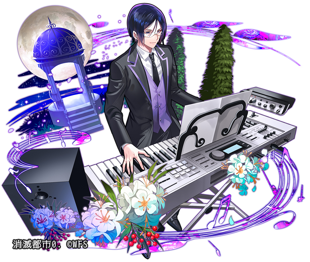 1boy amplifier beamed_sixteenth_notes berries black_footwear black_neckwear blue_eyes blue_hair eighth_note flower formal full_moon gazebo glasses instrument keyboard male_focus moon music music_box musical_note necktie official_art piano playing_instrument playing_piano purple_vest quarter_note shoumetsu_toshi solo speaker standing suit tenryou_sena tree vest