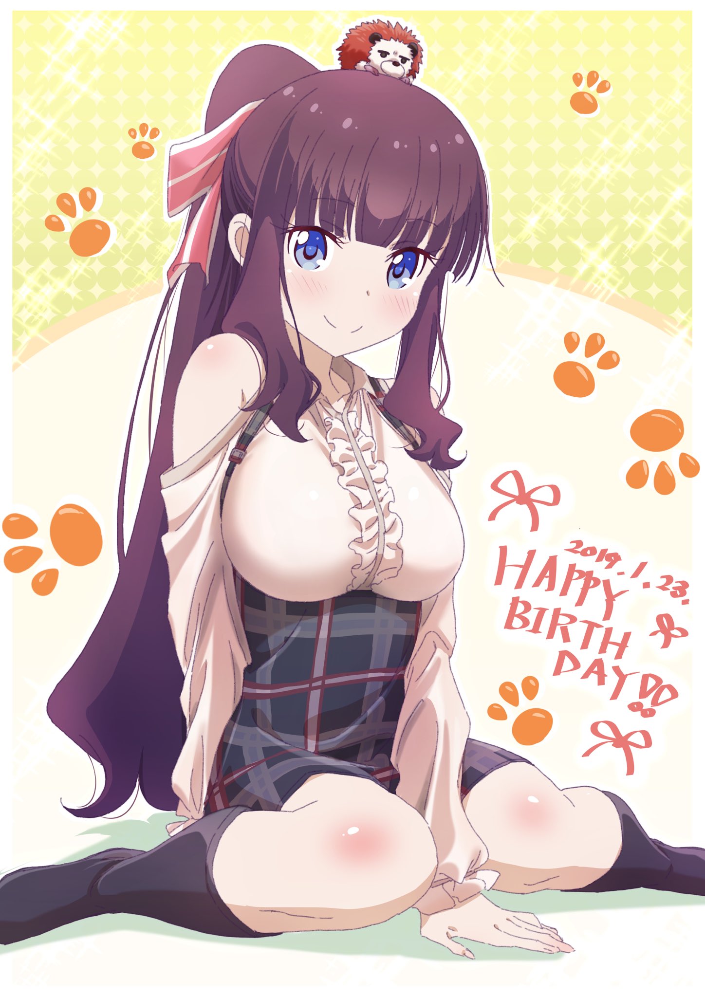 1girl 2019 animal animal_on_head arm_behind_back bangs between_legs black_footwear black_skirt blue_eyes blush brown_hair dated eyebrows_visible_through_hair hair_ribbon hand_between_legs happy_birthday hedgehog high-waist_skirt highres long_hair long_sleeves looking_at_viewer miniskirt new_game! on_head pink_x ponytail red_ribbon ribbon shiny shiny_skin shirt shoulder_cutout sitting skirt smile solo soujirou_(new_game!) takimoto_hifumi very_long_hair wariza white_shirt