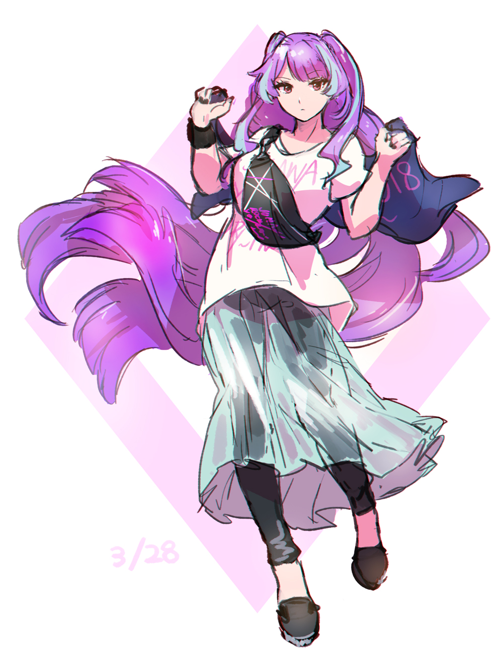 1girl 2018 black_footwear black_pants blue_skirt dated floating_hair full_body highlights highres long_hair long_skirt looking_at_viewer macross macross_delta mikumo_guynemer multicolored_hair nail_polish pants pants_under_skirt purple_hair purple_nails red_eyes see-through shimatani_azu shiny shiny_hair shirt short_sleeves simple_background sketch skirt solo standing very_long_hair white_background white_shirt wrist_cuffs