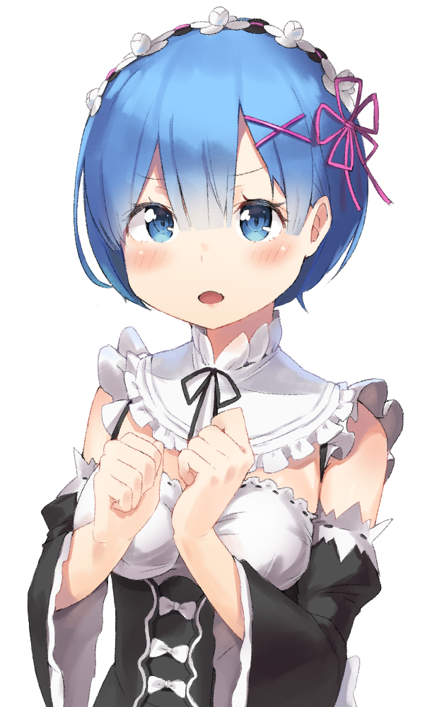 1girl apron bare_shoulders black_hairband black_neckwear black_ribbon blue_eyes blue_hair blush breasts detached_sleeves frilled_apron frilled_shirt_collar frilled_sleeves frills hair_between_eyes hair_over_one_eye hair_ribbon hairband juliet_sleeves long_sleeves looking_at_viewer maid maid_apron maid_headdress medium_breasts open_mouth puffy_sleeves re:zero_kara_hajimeru_isekai_seikatsu rem_(re:zero) ribbon sakoku_(rh_ty_ks) short_hair simple_background skirt standing