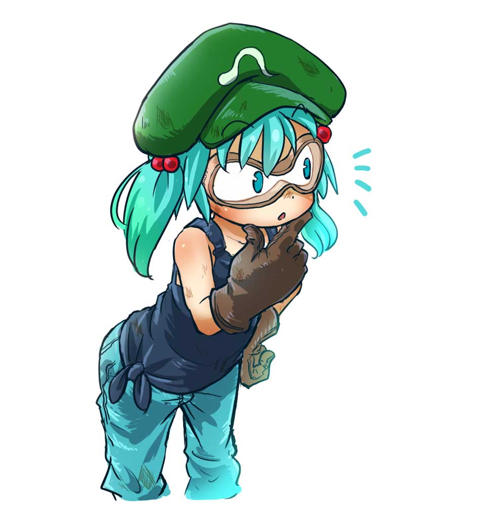 1girl alternate_costume blue_eyes blue_hair chamaji commentary_request cowboy_shot dirty_clothes dirty_face eyebrows_visible_through_hair gloves goggles hair_bobbles hair_ornament hand_on_hip hand_on_own_face hat kawashiro_nitori looking_to_the_side open_mouth pants shirt simple_background solo tank_top tied_shirt touhou two_side_up white_background