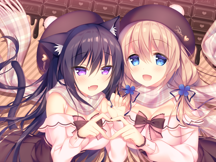 2girls :d animal_ear_fluff animal_ears bangs bare_shoulders black_hair blonde_hair blue_eyes blush breasts brown_skirt cat_ears cat_tail character_name chocolate_bar cleavage commentary_request eyebrows_visible_through_hair fang hair_between_eyes hair_ribbon hand_up hat heart heart_hands heart_hands_duo high-waist_skirt long_hair long_sleeves looking_at_viewer medium_breasts multiple_girls off_shoulder open_mouth original plaid plaid_scarf ribbon scarf shirt side-by-side sidelocks skirt smile sorai_shin'ya tail traene_(sorai_shin'ya) violet_eyes white_shirt