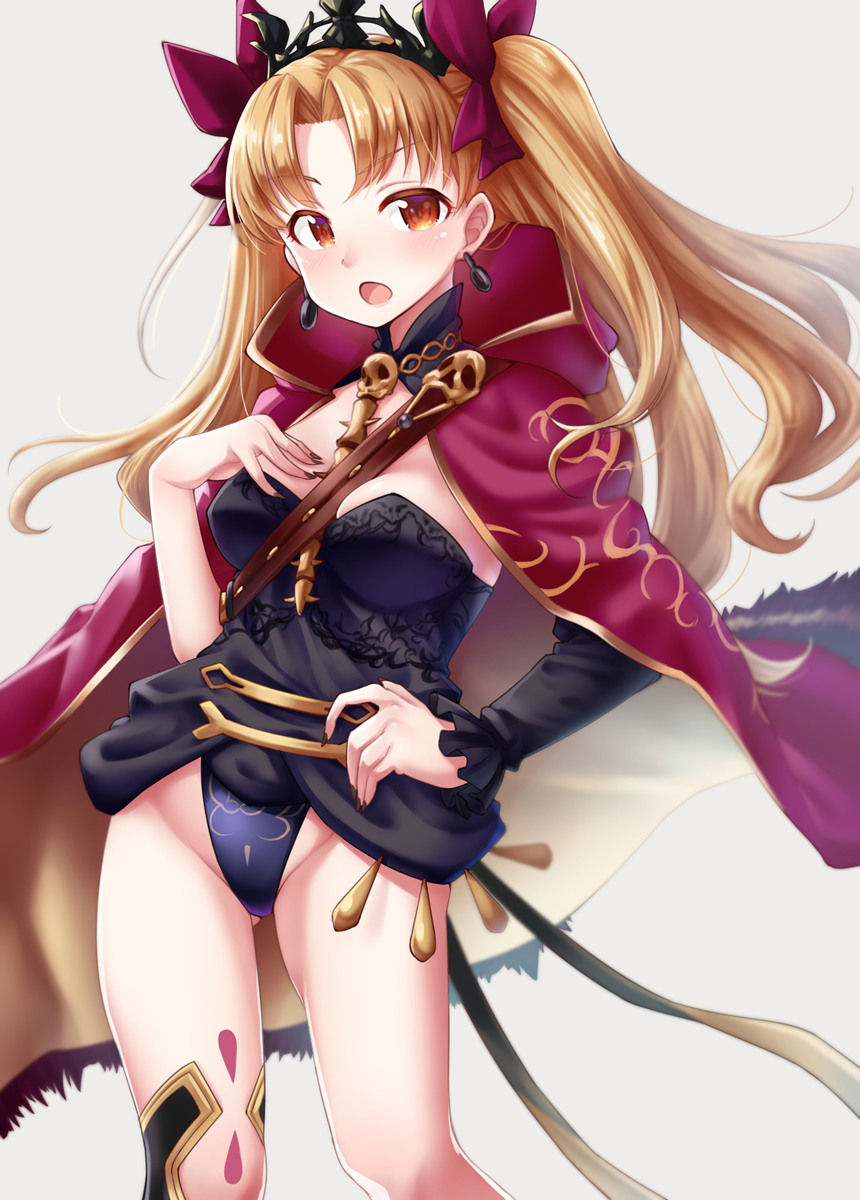 1girl bangs black_legwear black_leotard blonde_hair blush breasts cape chiyosuke_(nosuke21) detached_collar earrings ereshkigal_(fate/grand_order) fate/grand_order fate_(series) fur-trimmed_cape fur_trim hand_on_hip hand_on_own_chest highres hoop_earrings jewelry leotard long_hair looking_at_viewer medium_breasts open_mouth parted_bangs red_cape red_eyes red_ribbon ribbon simple_background single_sleeve single_thighhigh skull solo spine thigh-highs thighs tiara tohsaka_rin two_side_up