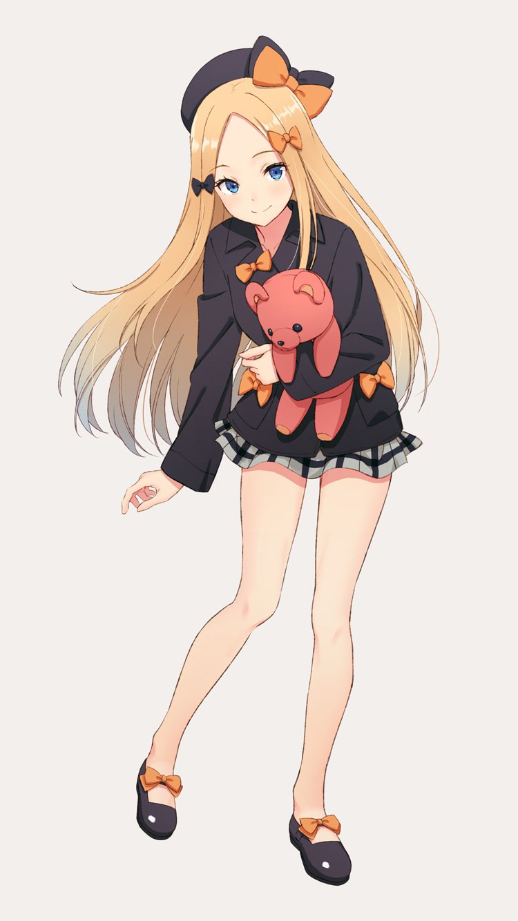 1girl abigail_williams_(fate/grand_order) bare_legs beret black_bow black_footwear black_hat blonde_hair blue_eyes blush bow closed_mouth collarbone fate/grand_order fate_(series) full_body grey_background hair_bow hat highres holding holding_stuffed_animal hyuuga_azuri long_hair mary_janes orange_bow shoes simple_background skirt smile solo stuffed_animal stuffed_toy teddy_bear very_long_hair