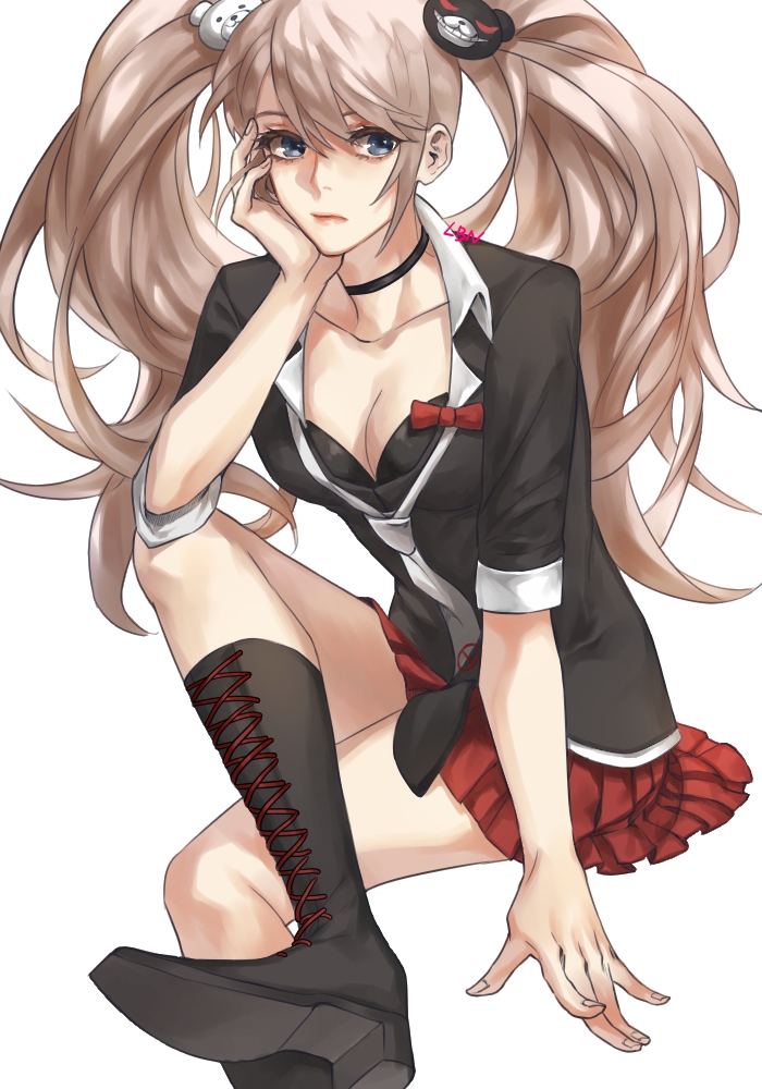 1girl bangs bare_legs bear_hair_ornament black_bra black_choker black_footwear black_shirt blonde_hair blue_eyes boots bra breasts choker cleavage collarbone commentary_request dangan_ronpa dangan_ronpa_1 enoshima_junko foot_out_of_frame hair_between_eyes hair_ornament hand_on_own_face laburnu large_breasts long_hair looking_to_the_side miniskirt necktie pleated_skirt red_ribbon red_skirt ribbon school_uniform shirt short_sleeves signature simple_background sitting skirt sleeves_rolled_up solo twintails underwear white_background