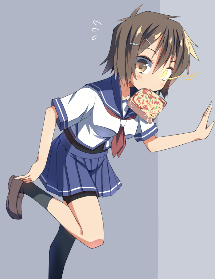 1girl black_legwear blue_sailor_collar blue_skirt bodysuit brown_footwear brown_hair commentary_request feet_out_of_frame food food_in_mouth furutaka_(kantai_collection) glowing glowing_eye hair_ornament hairclip heterochromia ichidai_taisa kantai_collection kneehighs loafers mouth_hold neckerchief pleated_skirt red_neckwear remodel_(kantai_collection) sailor_collar school_uniform serafuku shoes short_hair short_sleeves single_kneehigh single_thighhigh skirt solo thigh-highs toast toast_in_mouth yellow_eyes