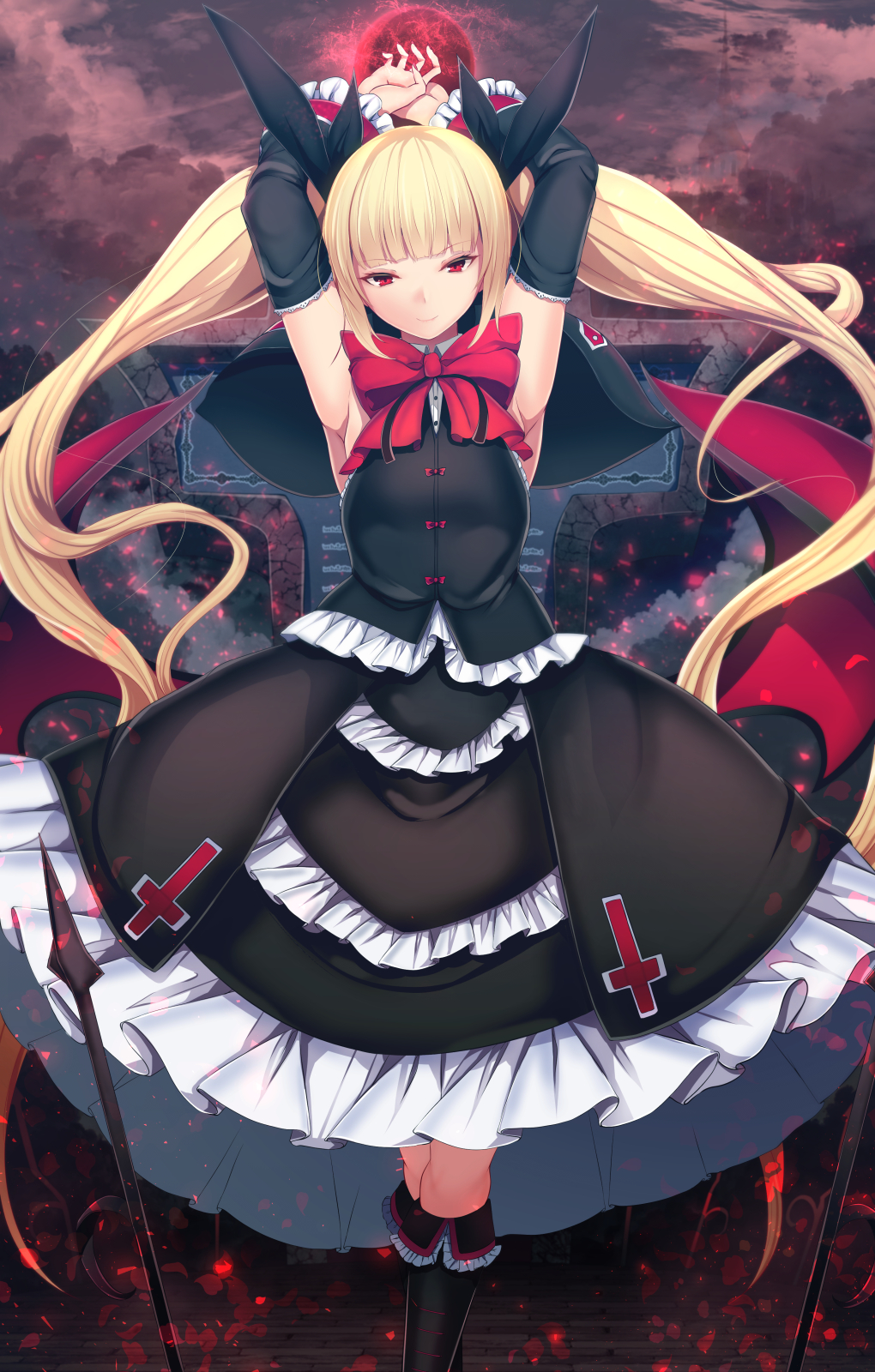 1girl armpits arms_up bangs black_bow black_capelet black_ribbon blazblue blonde_hair blunt_bangs blush bow bowtie breasts capelet daiaru detached_sleeves dress eyebrows_visible_through_hair eyes_visible_through_hair frilled_dress frilled_sleeves frills gothic_lolita hair_bow highres large_bow lolita_fashion long_hair looking_at_viewer rachel_alucard raised_eyebrows red_bow red_eyes ribbon small_breasts smile solo twintails very_long_hair wide_sleeves