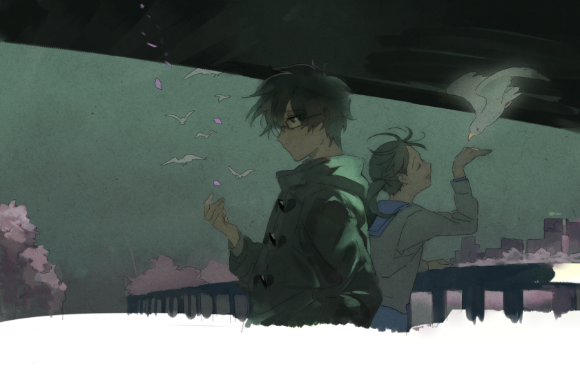 1boy 1girl animal bird black_coat black_hair blue_sailor_collar bridge brown_hair cherry_blossoms closed_eyes closed_mouth coat duffel_coat glasses hand_in_pocket hand_up kawamoto_hinata kiriyama_rei long_sleeves low_twintails open_mouth outdoors petals profile roku_(tsua-kihuyu) sailor_collar sangatsu_no_lion school_uniform seagull serafuku shirt sky tree twintails white_shirt wind