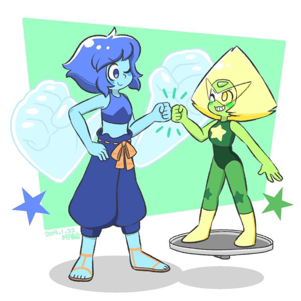 2girls alternate_costume blue_hair blue_pants blue_skin blush_stickers boots element_bending elemental_wings fist_bump floating forehead_jewel full_body green_hair green_skin halter_top halterneck hand_on_hip karin_(100100) lapis_lazuli_(steven_universe) looking_at_another midriff multiple_girls one_eye_closed pants peridot_(steven_universe) sandals smile spoilers standing star star_print steven_universe sunglasses trashcan_lid water