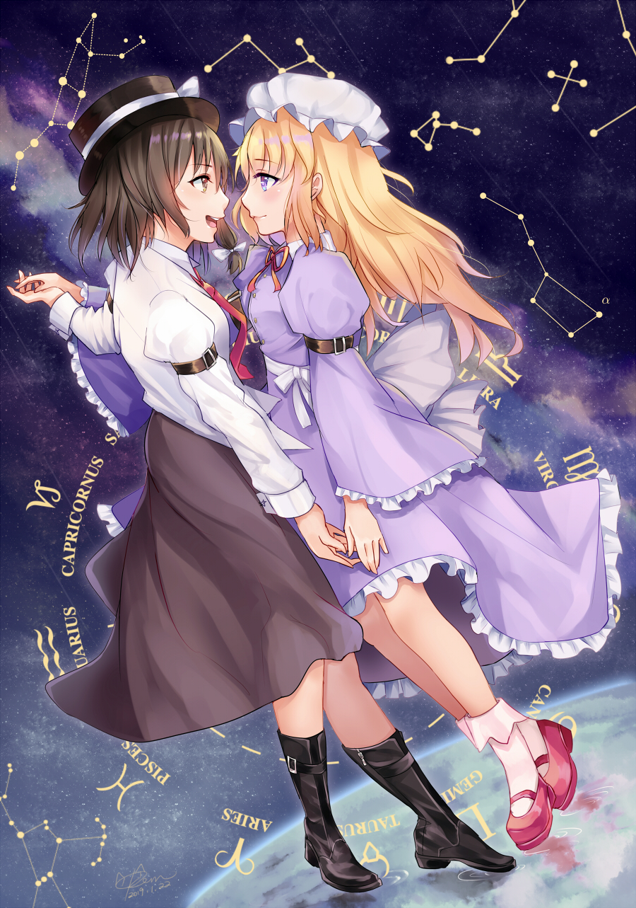 2girls arm_at_side armband black_footwear black_skirt blonde_hair blue_eyes bobby_socks boots brown_eyes brown_hair commentary_request constellation earth eye_contact eyebrows_visible_through_hair frilled_skirt frilled_sleeves frills from_side hair_between_eyes hands_together hat hat_ribbon highres juliet_sleeves kevn lavender_dress lips long_hair long_sleeves looking_at_another maribel_hearn milky_way mob_cap multiple_girls open_mouth outstretched_arm profile puffy_sleeves red_footwear ribbon shirt short_hair skirt socks space star_(sky) touhou upper_teeth usami_renko white_legwear white_shirt yuri zodiac