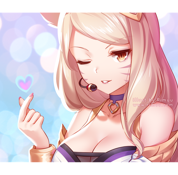 1girl ahri artist_name bare_shoulders blush breasts brown_eyes choker cleavage collarbone commentary fingernails hand_up headset heart league_of_legends light_brown_hair long_hair looking_at_viewer medium_breasts nail_polish one_eye_closed pink_nails purple_choker rimuu slit_pupils solo watermark web_address whisker_markings