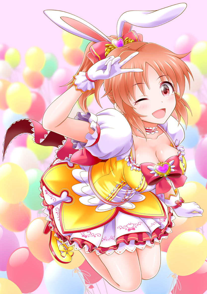 1girl abe_nana animal_ears bow breasts brown_hair choker cleavage collarbone eva_16-gouki fake_animal_ears full_body gloves hair_bow idolmaster idolmaster_cinderella_girls large_breasts layered_skirt long_hair miniskirt ponytail rabbit_ears red_bow red_eyes red_ribbon ribbon shiny shiny_skin short_sleeves skirt solo v white_gloves white_sleeves