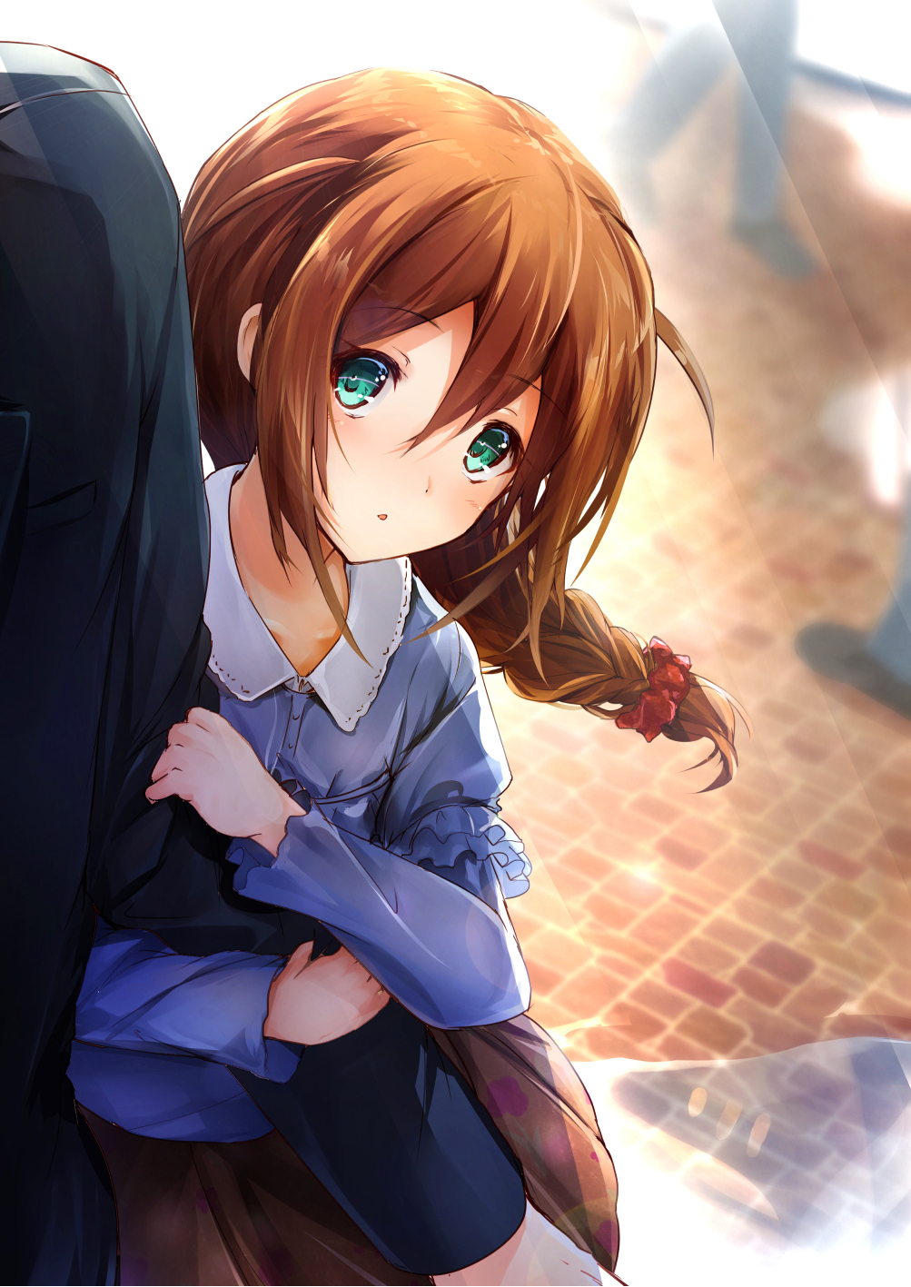 1boy 1girl arm_grab baba_konomi blue_shirt blurry blurry_background braid braided_ponytail brown_hair brown_skirt eyebrows_visible_through_hair floating_hair green_eyes hair_between_eyes highres idolmaster idolmaster_million_live! long_hair long_sleeves looking_at_viewer miniskirt outdoors parted_lips pleated_skirt ro_risu shirt single_braid skirt standing