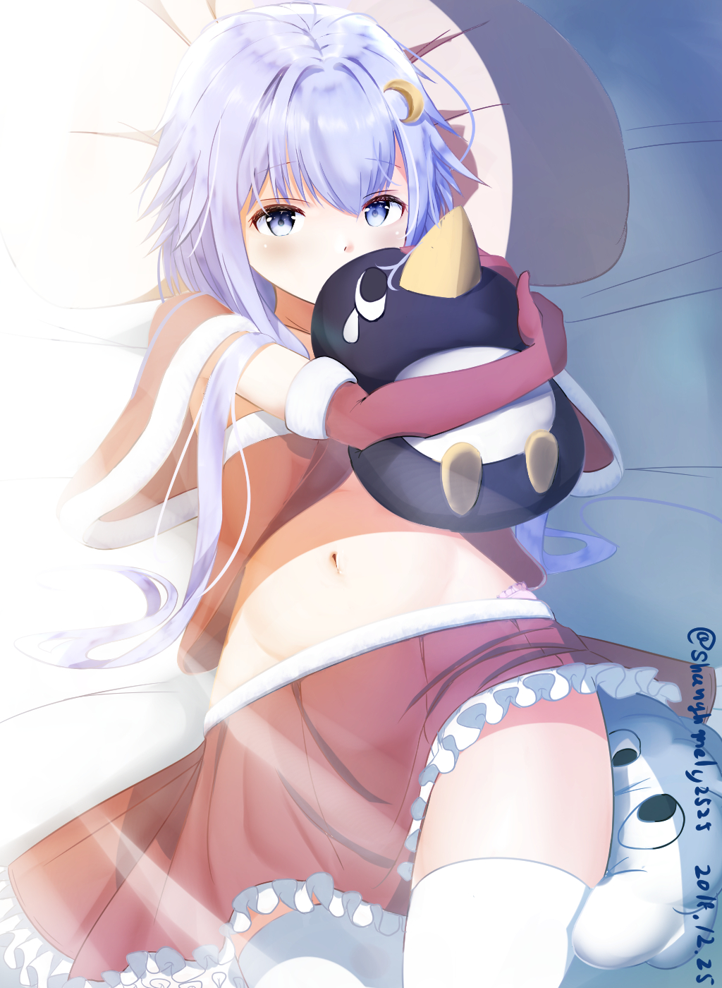 1girl alternate_costume blue_eyes crescent crescent_moon_pin elbow_gloves eyebrows_visible_through_hair failure_penguin gloves gradient gradient_background hair_between_eyes highres kantai_collection looking_at_viewer lying miss_cloud navel on_back on_bed pillow purple_hair red_skirt santa_costume santa_gloves shanghmely shawl short_hair_with_long_locks skirt solo thigh-highs white_gloves yayoi_(kantai_collection)