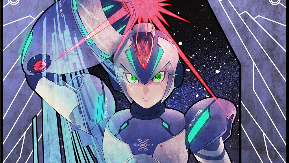 1boy android arm_cannon arm_up capcom closed_mouth glowing green_eyes guutara helmet male_focus robot robot_joints rockman rockman_x solo weapon x_(rockman)