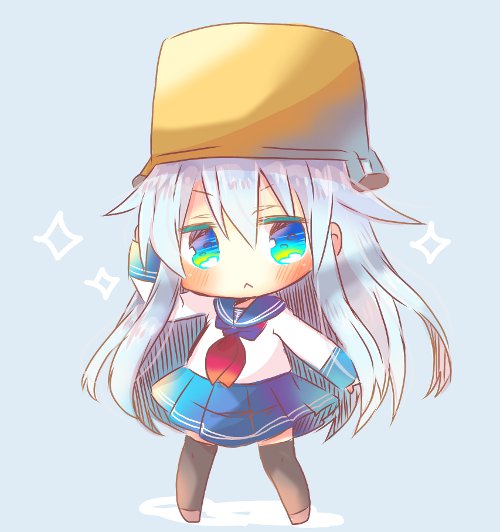 1girl :&lt; blue_background blue_eyes blue_sailor_collar blue_skirt blush brown_footwear chibi closed_mouth full_body green_eyes hibiki_(kantai_collection) kantai_collection kouu_hiyoyo long_hair long_sleeves looking_at_viewer multicolored multicolored_eyes neckerchief pleated_skirt pot pot_on_head red_neckwear sailor_collar school_uniform serafuku shirt silver_hair simple_background skirt solo sparkle standing very_long_hair white_shirt