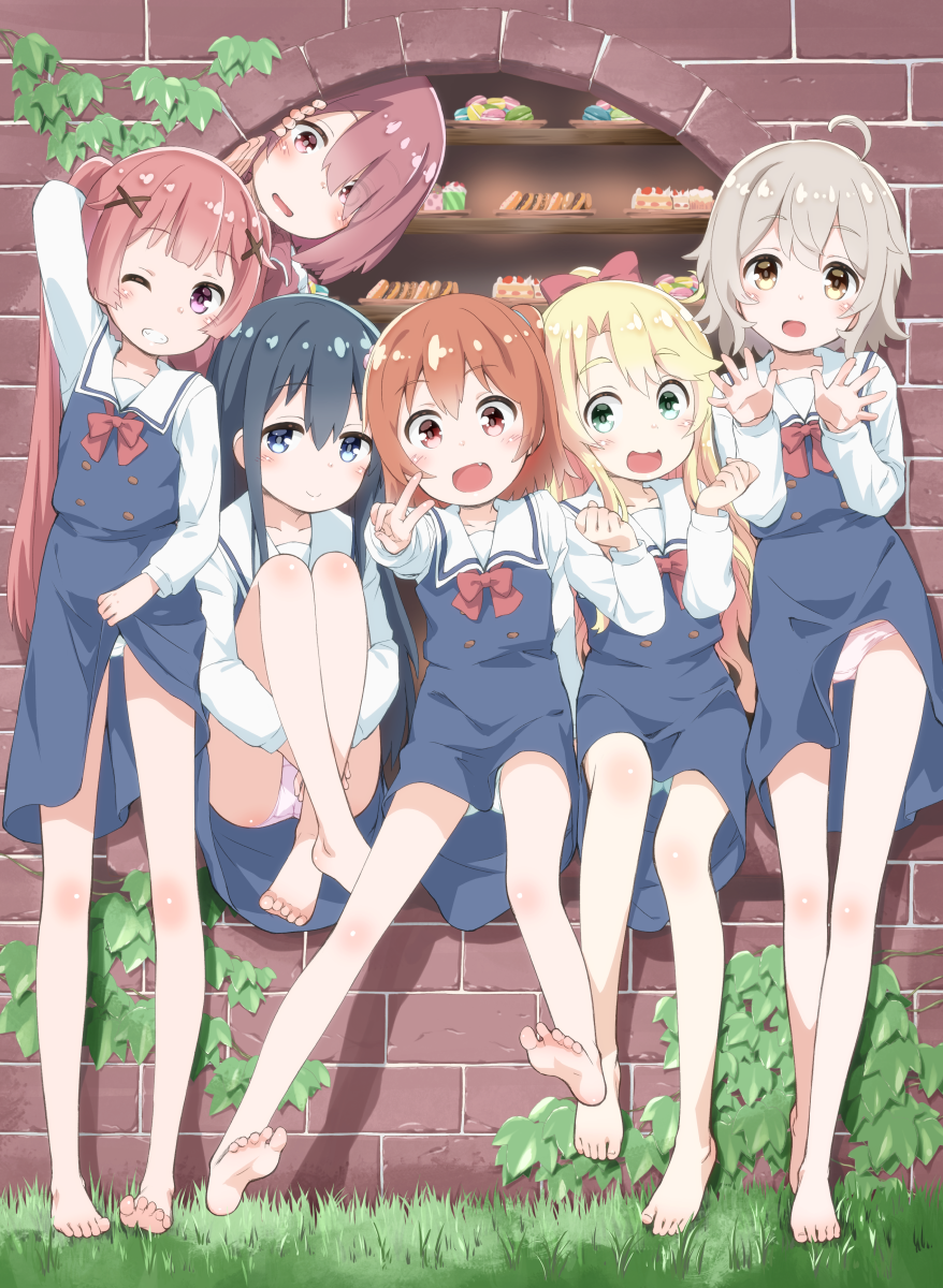 6+girls ahoge arm_behind_head arm_up bangs bare_legs barefoot black_hair blonde_hair blue_dress blue_eyes blush bow brown_hair closed_mouth commentary_request dress dress_lift eyebrows_visible_through_hair eyes_visible_through_hair fang feet full_body green_eyes grin hair_bow hair_ornament hair_over_one_eye highres himesaka_noa hoshino_hinata hoshino_miyako_(wataten) knees_up kokekokko_coma konomori_kanon leg_hug lifted_by_self long_hair long_sleeves looking_at_viewer multiple_girls one_eye_closed one_side_up open_mouth panties pantyshot pantyshot_(sitting) pink_eyes pink_hair pink_panties ponytail red_eyes sailor_dress shirasaki_hana shirt short_hair silver_hair sitting smile soles standing tanemura_koyori teeth toes twintails underwear v very_long_hair watashi_ni_tenshi_ga_maiorita! wavy_hair white_panties white_shirt x_hair_ornament yellow_eyes