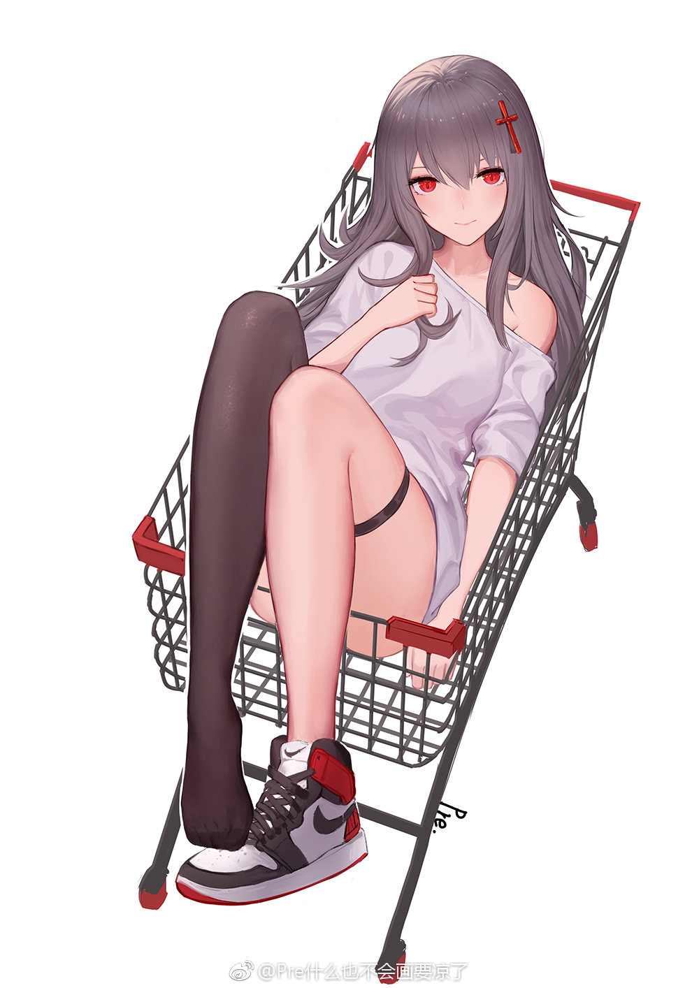 1girl black_legwear breasts feet hair_ornament highres long_hair lying off_shoulder on_back original pre_(17194196) red_eyes shirt shoes shopping_cart sidelocks simple_background single_shoe single_thighhigh small_breasts smile sneakers solo t-shirt thigh-highs thigh_strap weibo_username white_background