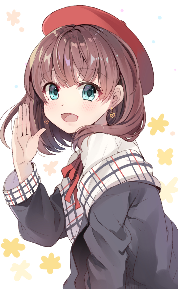 1girl :d aqua_eyes beret blush brown_hair character_request chocho_(homelessfox) earrings eyebrows_visible_through_hair hat heart heart_earrings idolmaster jewelry long_sleeves looking_at_viewer open_mouth plaid red_hat red_ribbon ribbon salute shirt short_hair smile solo upper_body white_background white_shirt