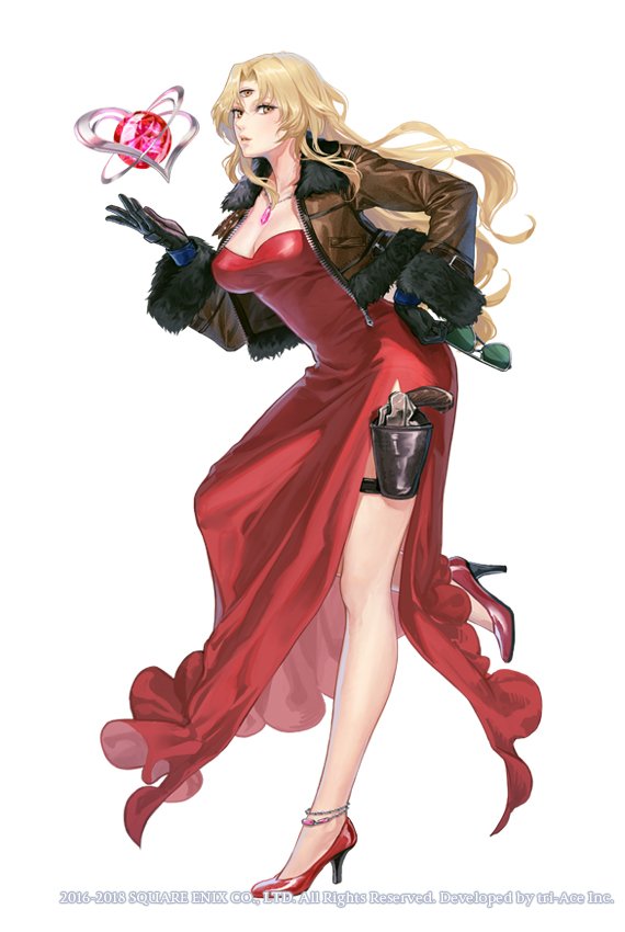 1girl blonde_hair breasts cleavage commentary_request dress gloves gun high_heels long_hair official_art opera_vectra red_dress solo square_enix star_ocean star_ocean_the_second_story suda_ayaka third_eye weapon yellow_eyes