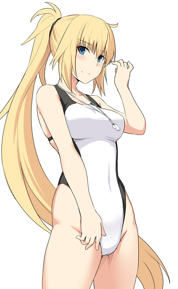 1girl absurdly_long_hair bangs black_scrunchie blonde_hair blue_eyes blush competition_swimsuit covered_navel eyebrows_visible_through_hair fate/grand_order fate_(series) floating_hair full_body groin hair_ornament hair_scrunchie high_ponytail highleg highleg_swimsuit jeanne_d'arc_(fate)_(all) jeanne_d'arc_(swimsuit_archer) long_hair looking_at_viewer one-piece_swimsuit scrunchie shiseki_hirame simple_background smile solo standing swimsuit very_long_hair whistle white_background white_swimsuit