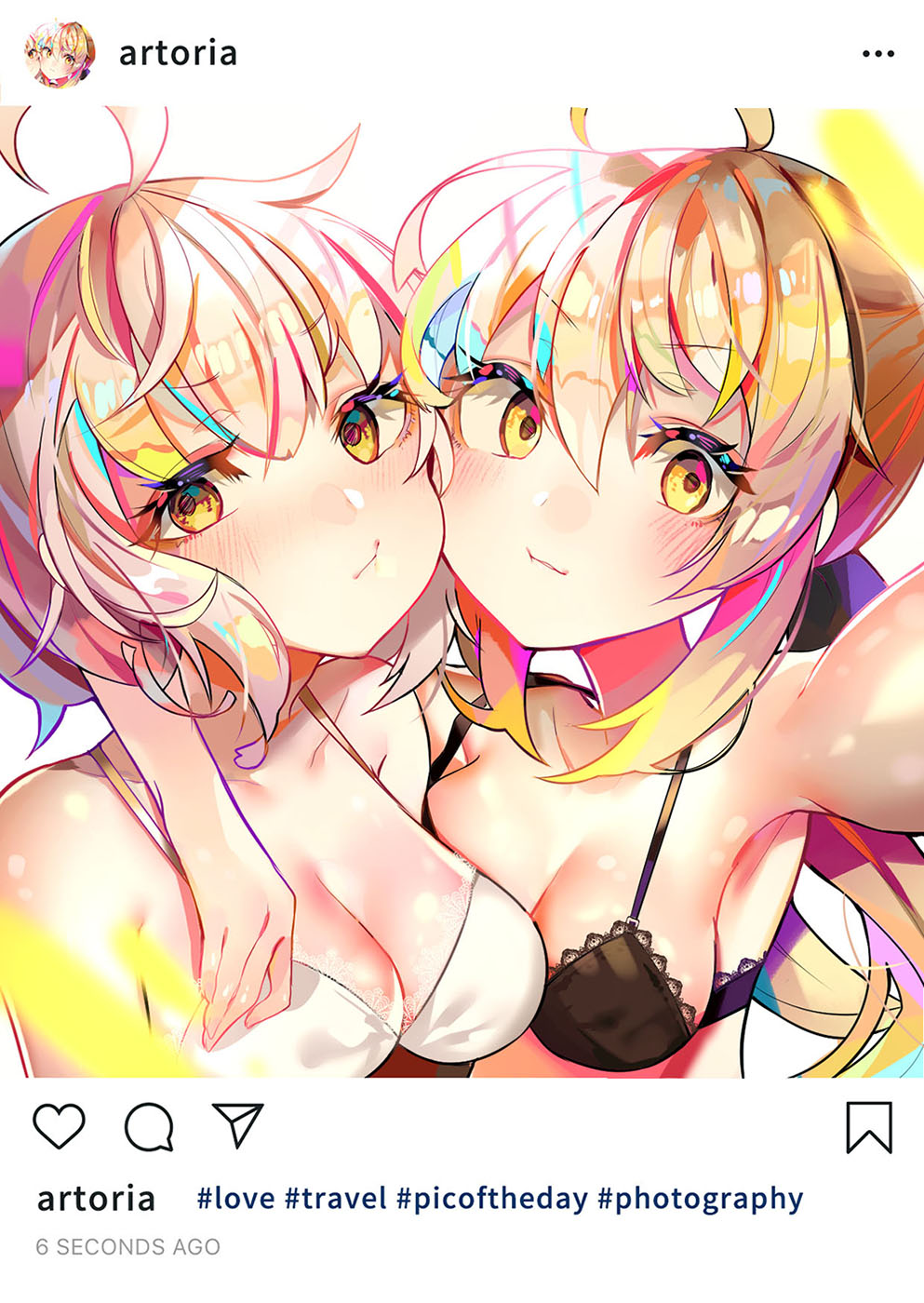 2girls :t ahoge artoria_pendragon_(all) bangs bare_shoulders black_bra blonde_hair blurry blurry_foreground blush bra breasts brown_eyes character_name cheek-to-cheek cleavage commentary_request depth_of_field eyebrows_visible_through_hair fate/grand_order fate_(series) hair_between_eyes highres jeanne_d'arc_(alter)_(fate) jeanne_d'arc_(fate)_(all) large_breasts light_brown_hair looking_at_viewer mao_ge multiple_girls reaching_out saber_alter self_shot underwear underwear_only white_background white_bra