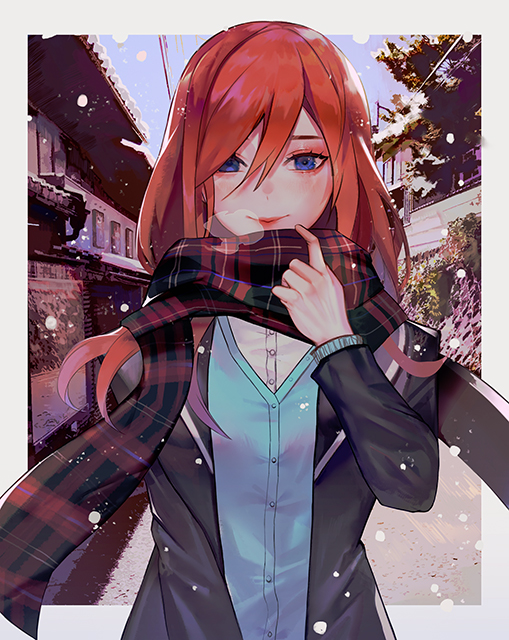 1girl blue_eyes blue_vest border building commentary_request go-toubun_no_hanayome grey_border long_hair looking_at_viewer nakano_miku plaid plaid_scarf redhead scarf smile snow solo vest winter ziiiing